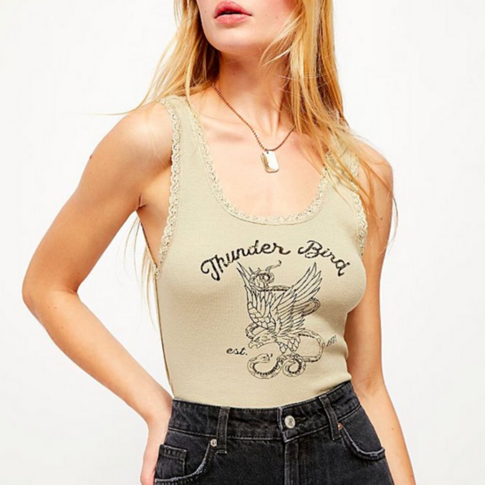 FREE PEOPLE EUCALYPTUS SLEEVELESS GRAPHIC TRADING POST TANK TOP
